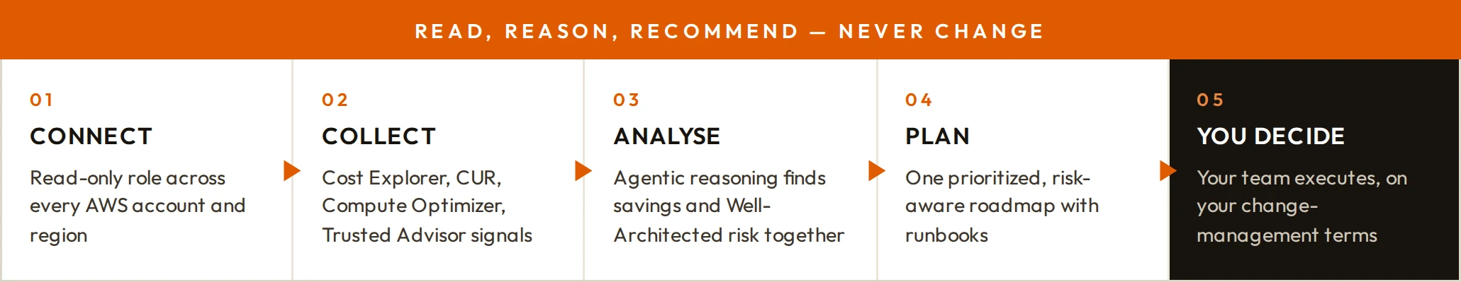 Read, reason, recommend — never change